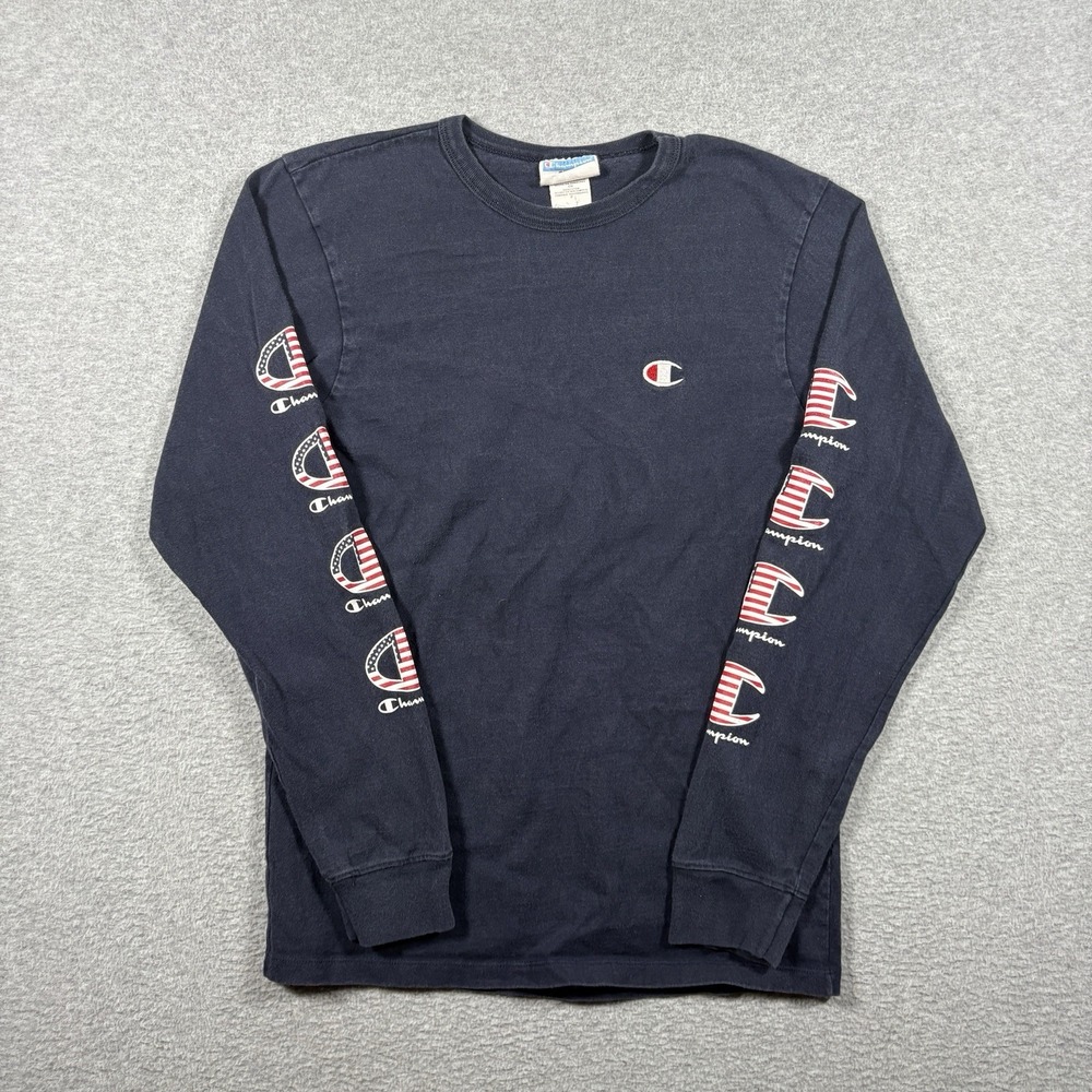 Champion Long Sleeve Shirt Mens S Blue American Flag Sleeve Logo Graphic Tee Y2K
